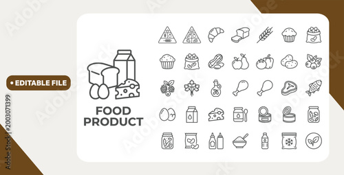 Minimalist Food Product outine icons set with editable stroke. featuring icons of various food product classification. thin linear illustration.	Vector illustration