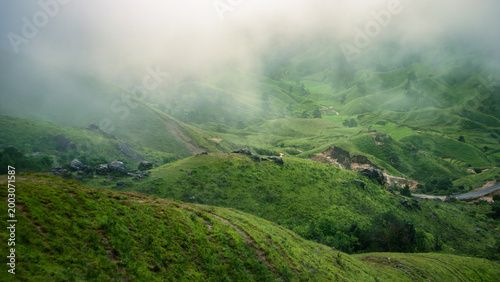 Markham Valley in Meghalaya, Rolling Green Hills and Deep Mountain Valley Shrouded in Monsoon Fog, Eastern West Khasi Hills, India