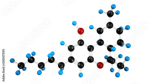3D illustration of THC (tetrahydrocannabinol) molecular structure isolated on transparent background