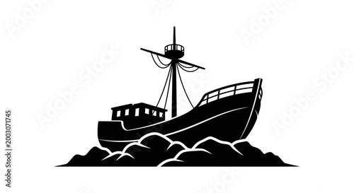 Dramatic silhouette of a fishing boat on rough seas a nautical illustration