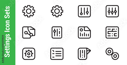 Line icon set representing system settings, adjustments, and configuration options on transparent background.