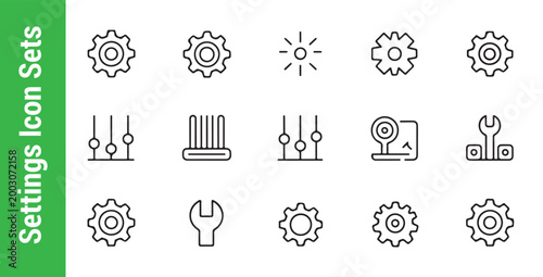 Minimalistic setting and control line icon set with gear wrench slider and adjust options on transparent grid.