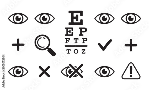 Canvastavla Optometry eye chart symbols including eyes plus signs magnifying glass checkmark cross for vision test
