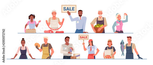 Group of diverse sellers and vendors offering various products including food, jewelry, and goods, each representing different professions, isolated on white background vector illustration