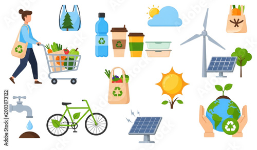 Green sustainable environment illustration collection with zero waste lifestyle recycling energy and nature elements in colorful flat vector style on white background