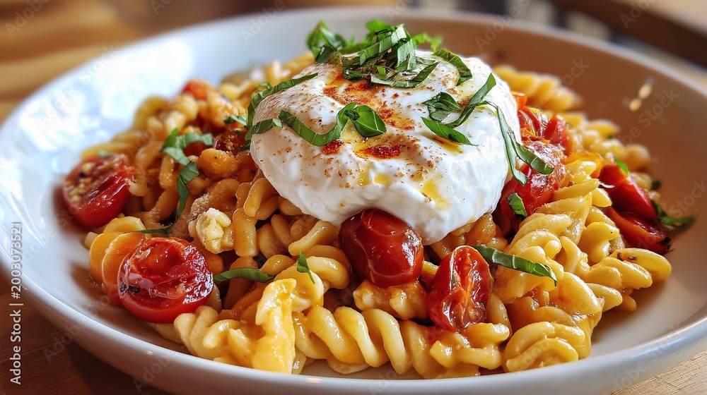 Fototapeta premium Close-up of Creamy Fusilli Pasta with Cherry Tomatoes and Herbs