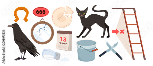 Collection of unlucky symbols including black cat, broken mirror, number 13, spilled salt, and more, representing common superstitions and bad luck beliefs vector illustration