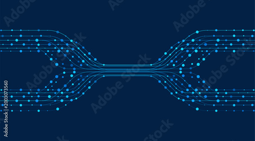 Cuadro en lienzo Symmetrical blue digital lines converging into a central channel with connected