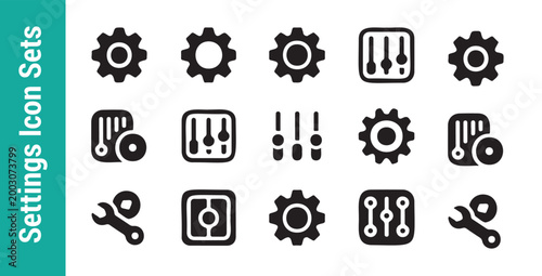 Fifteen black vector interface icons showing gears and slider controllers for customizing mobile software.