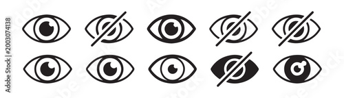 Set of eye icons visible invisible or crossed out eye symbols for privacy security or vision concepts.