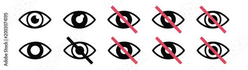 Eye icons set with prohibition and red line crossing out eye symbols for privacy and no view.