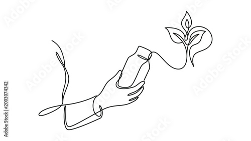continuous line art of a person holding a product that transforms into a plant symbol through the line