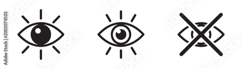 Set of eye icons showing visibility, attention, and hidden status with radiating lines and crossing out effects.