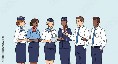 Diverse Group of Flight Attendants and Pilots Standing Together.