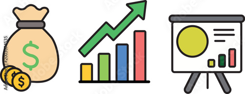 A flat illustration featuring three distinct business icons: a money bag with dollar coins representing capital, a rising bar chart with a green upward arrow symbolizing growth, and a presentation boa
