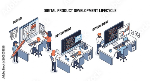 Digital Product Development Lifecycle Stages Illustration.