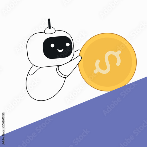 A robot assistant pushes a huge gold coin up a hill. The image symbolizes overcoming financial difficulties, dividend payments, receiving cashback, or an important milestone in a major 
