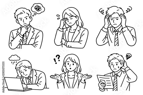 困る・悩むビジネスパーソンセット・ベクター Business Trouble & Confused Office Worker Illustrations vector