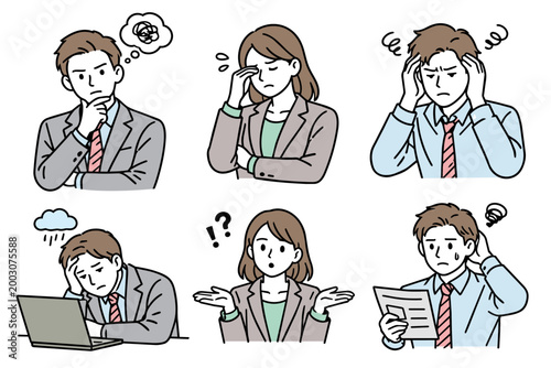 困る・悩むビジネスパーソンセット・ベクター ・カラー  | Business Trouble & Confused Office Worker Illustrations, vector, color 