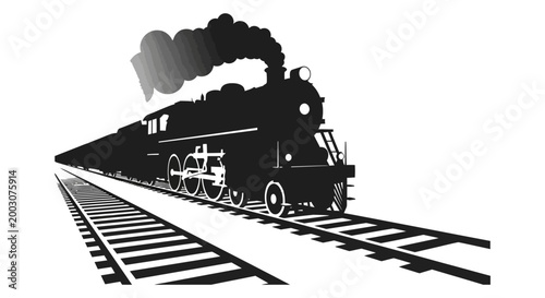 Vintage steam train silhouette a powerful locomotive racing down the railway tracks