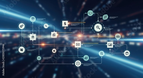 Modern Technology Network Interconnected Cybersecurity and Data Flow in Abstract Digital System