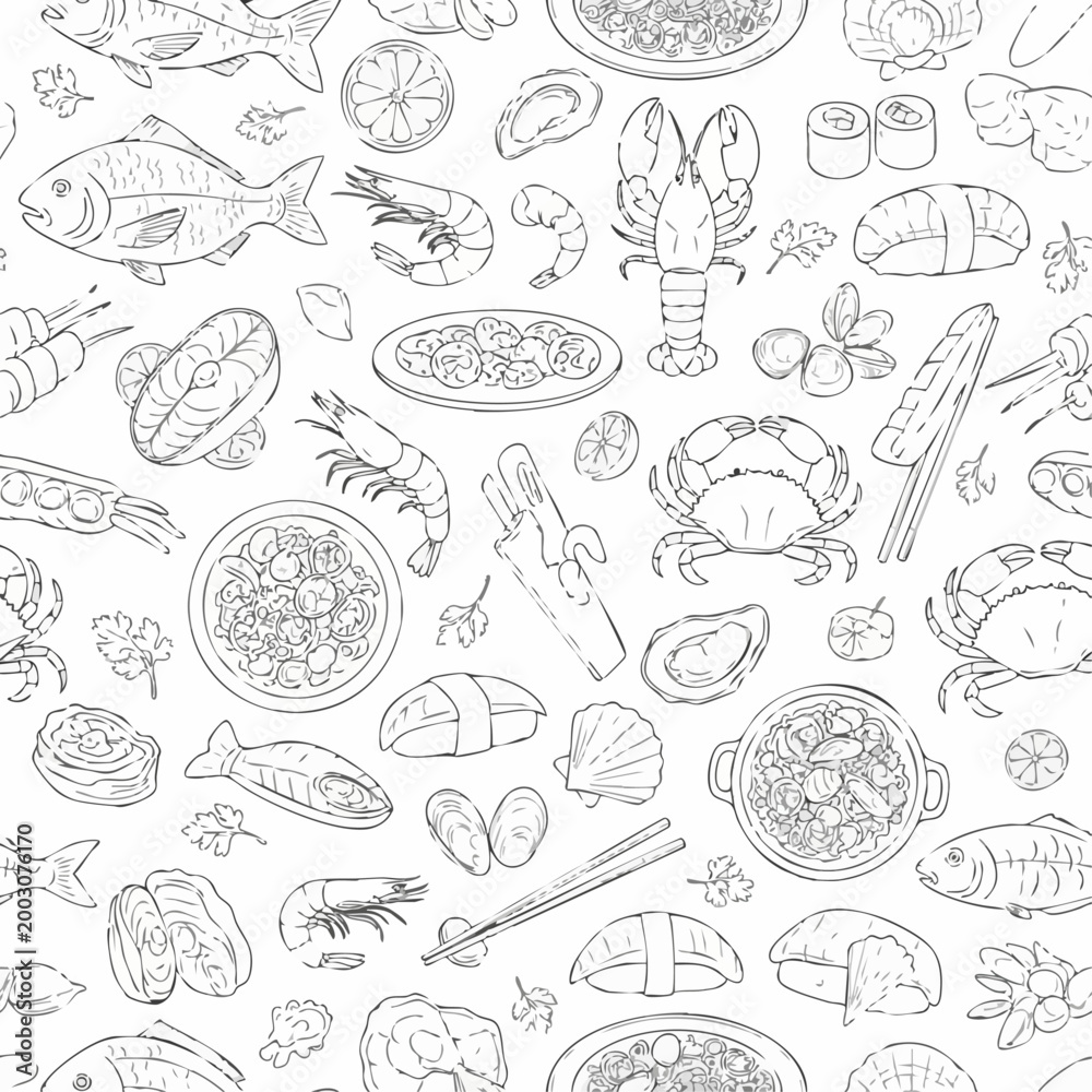 Fototapeta premium Seamless Hand Drawn Seafood Pattern Background.
