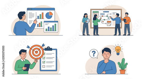 Strategy & Planning Color Vector Set – 4 Business Thinking & Planning Illustrations