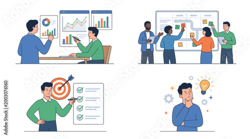 Strategy & Planning Color Vector Set – 4 Business Thinking & Planning Illustrations