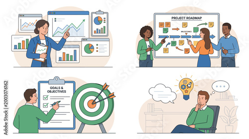 Strategy & Planning Color Vector Set – 4 Business Thinking & Planning Illustrations