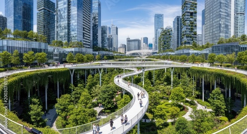 Futuristic cityscape business corporate hub with sustainable green infrastructure and modern architectural design