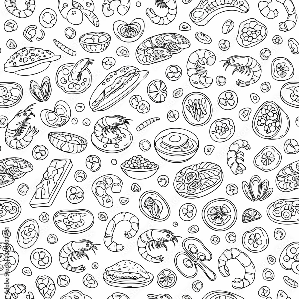 Obraz premium Seamless pattern with hand drawn seafood and shellfish.