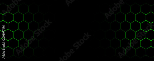 Dark technology hexagonal vector abstract background. Green bright energy flashes under hexagon in dark technology futuristic modern background vector illustration. Gray honeycomb texture grid.eps,10