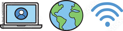 A set of flat design icons featuring a laptop with a user profile, a globe representing worldwide network, and a Wi-Fi symbol for wireless connection, illustrating digital communication and global con