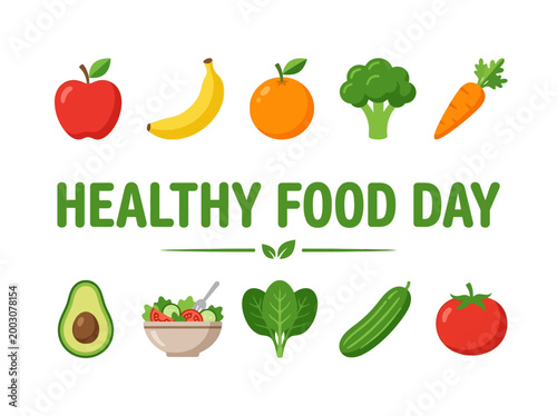 Healthy Food Day illustration featuring a variety of fresh fruits and vegetables promoting a nutritious lifestyle