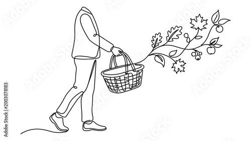 continuous line art of a shopper carrying a basket where the line continues into nature elements like leaves and fruits