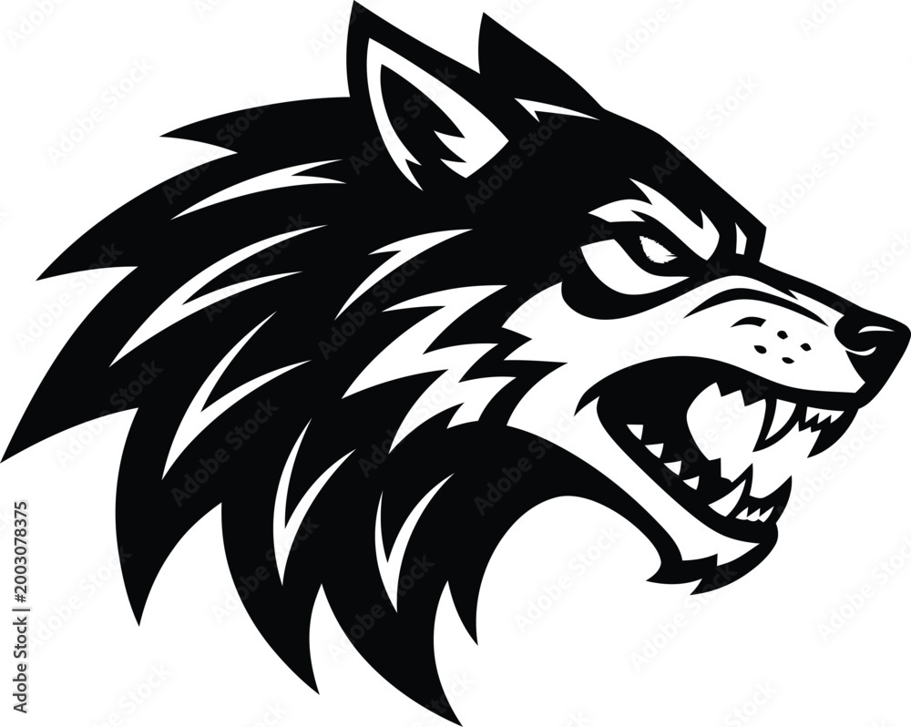 Fototapeta premium Fierce wolf head in aggressive monochrome illustration for sports Isolated on white background