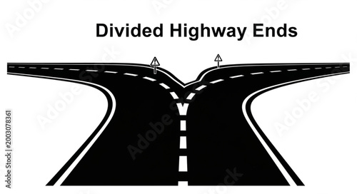 Divided Highway Ends Sign Showing Road Split.