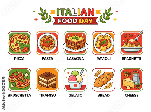 Italian Food Day celebration with delicious dishes like pizza, pasta, lasagna, ravioli, spaghetti, bruschetta, tiramisu, gelato, bread, and cheese vector illustration