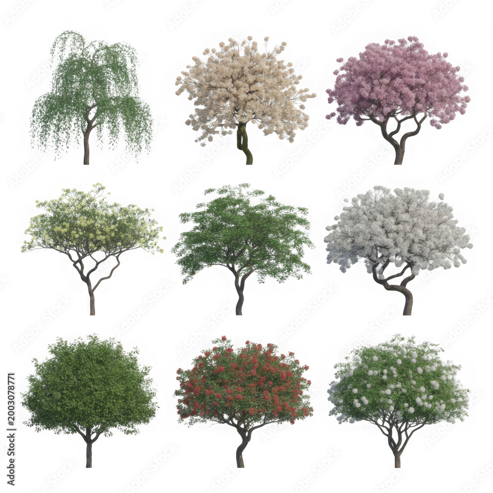Fototapeta premium Set of different garden trees including blooming fruit trees and green foliage bushes for landscape design and nature illustrations isolated on transparent background