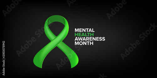 May is Mental Health Awareness Month banner with large green ribbon on black background. Modern Mental Health typography for psychological wellness, support advocacy, and healthcare marketing.