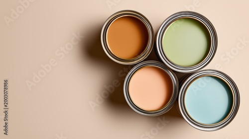 Four open paint cans rest on a soft beige surface
