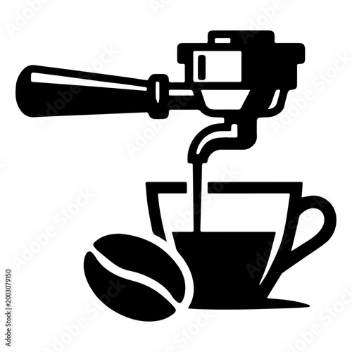 Espresso brewing with portafilter pouring into cup icon vector illustration with coffee bean