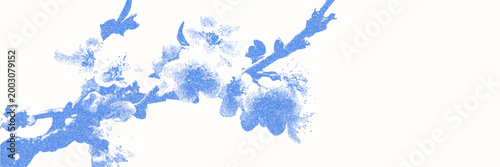 Blue cyanotype sakura botanical background. Stipple dot overlay effect. Vector.