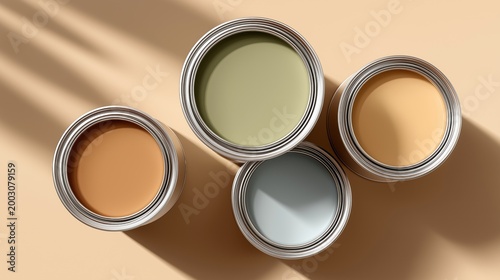Four open paint cans sit atop a smooth beige surface