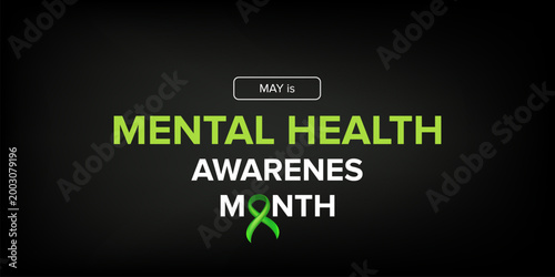 May is Mental Health Awareness Month banner with large green ribbon on black background. Modern Mental Health typography for psychological wellness, support advocacy, and healthcare marketing.
