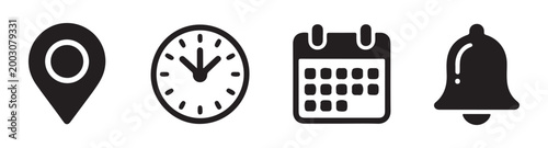 Set of four basic navigation icons featuring location pin clock time calendar date and notification bell symbol.