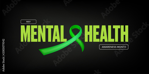 May is Mental Health Awareness Month banner with large green ribbon on black background. Modern Mental Health typography for psychological wellness, support advocacy, and healthcare marketing.