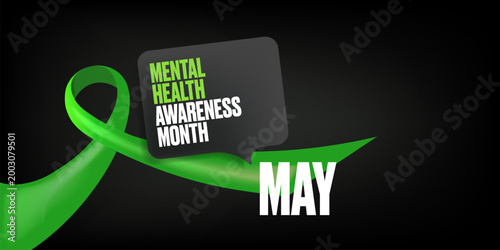 May is Mental Health Awareness Month banner with large green ribbon on black background. Modern Mental Health typography for psychological wellness, support advocacy, and healthcare marketing.