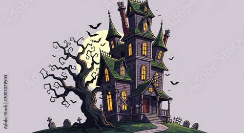 Haunted Gothic Castle with Bats and Full Moon.