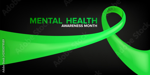 May is Mental Health Awareness Month banner with large green ribbon on black background. Modern Mental Health typography for psychological wellness, support advocacy, and healthcare marketing.